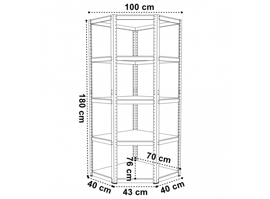 Rohový policový regál - 5 políc - 180x70x40 cm - strieborný