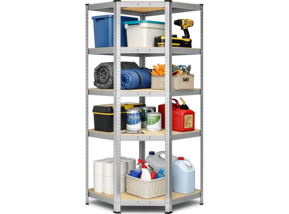 Rohový policový regál - 5 políc - 180x70x40 cm - strieborný