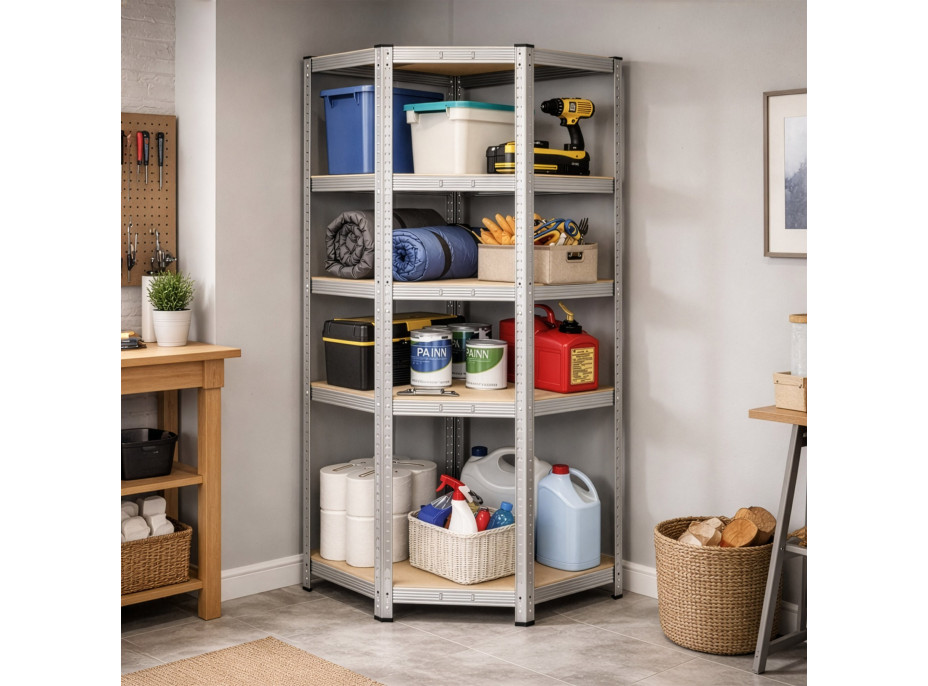 Rohový policový regál - 5 políc - 180x70x40 cm - strieborný