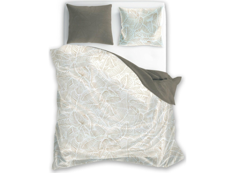 Saténové obliečky MILAGRO VERDE Béžové listy - biele / hnedé - 160x200 cm
