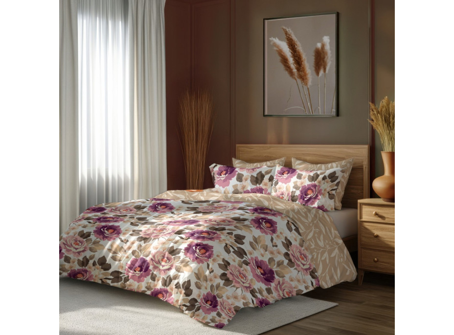 Saténové obliečky MILAGRO VERDE Fialové kvety - biele / béžové - 160x200 cm