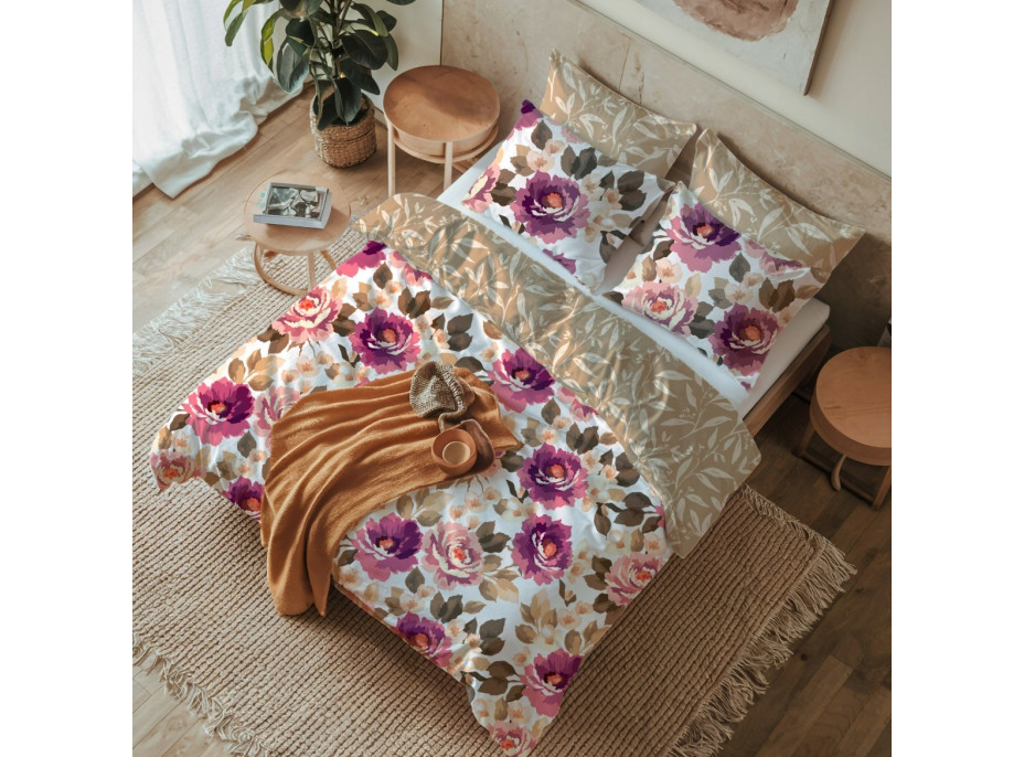 Saténové obliečky MILAGRO VERDE Fialové kvety - biele / béžové - 140x200 cm