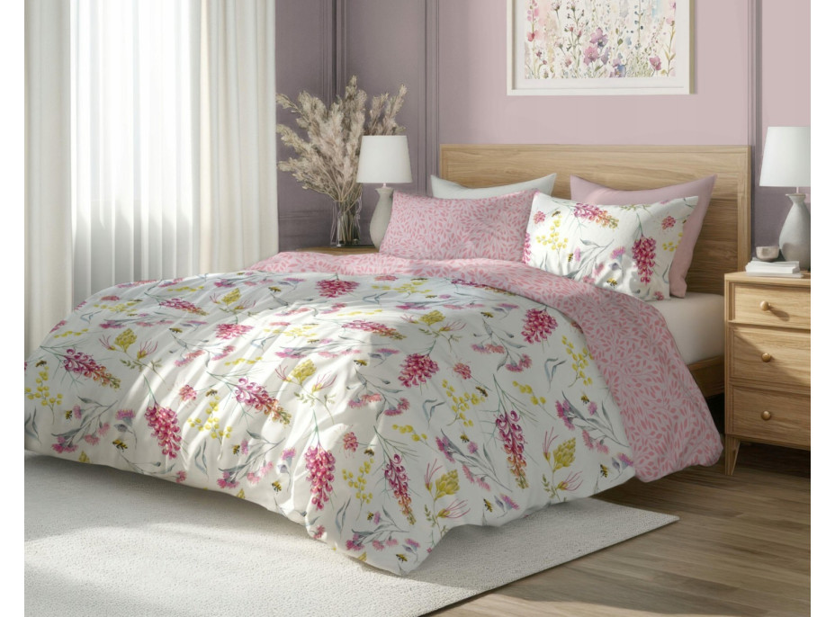 Saténové obliečky MILAGRO VERDE Kvety a včielky - biele / ružové - 160x200 cm