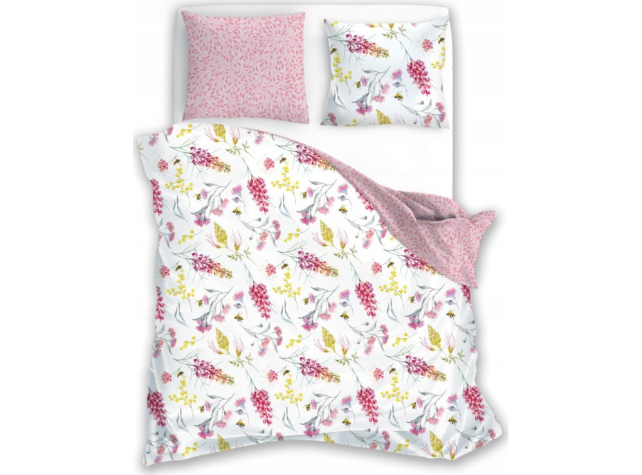 Saténové obliečky MILAGRO VERDE Kvety a včielky - biele / ružové - 220x200 cm