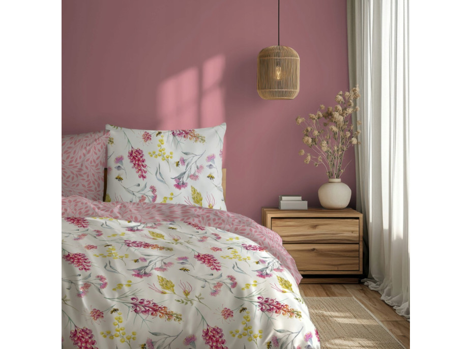Saténové obliečky MILAGRO VERDE Kvety a včielky - biele / ružové - 160x200 cm