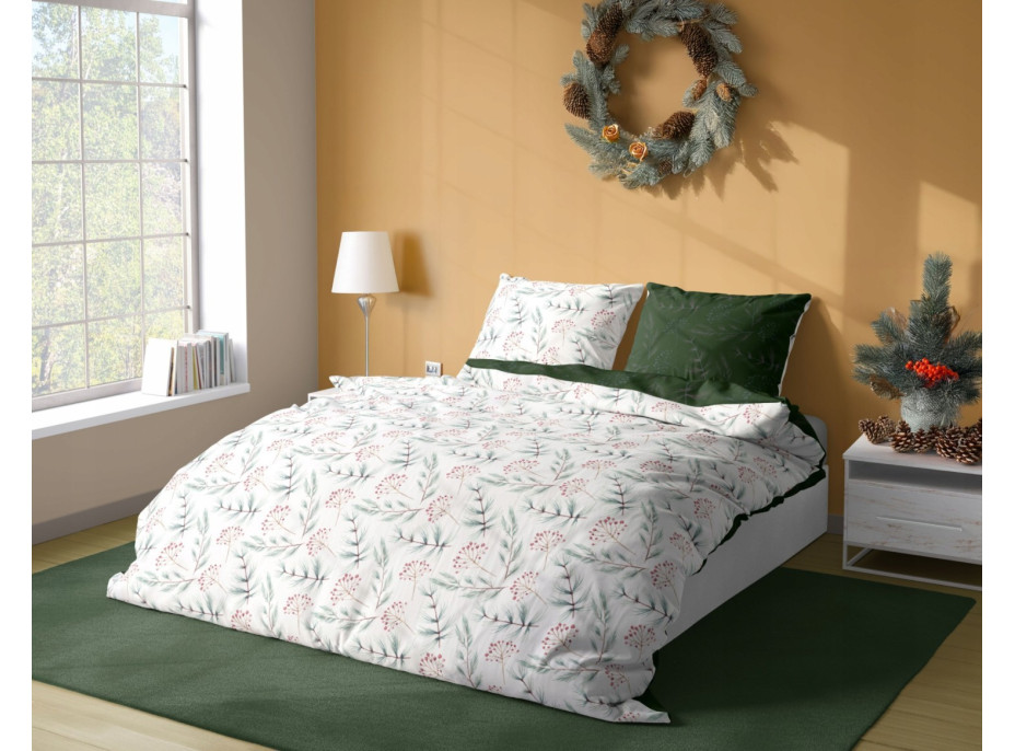 Saténové obliečky MILAGRO VERDE Zimné vetvičky - biele / zelené - 140x200 cm