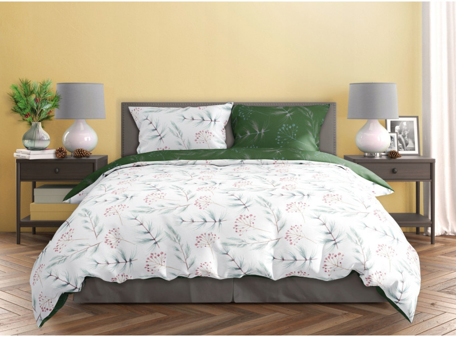 Saténové obliečky MILAGRO VERDE Zimné vetvičky - biele / zelené - 220x200 cm