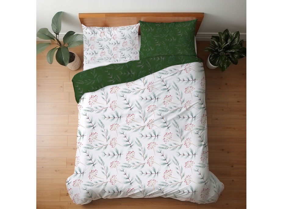 Saténové obliečky MILAGRO VERDE Zimné vetvičky - biele / zelené - 220x200 cm
