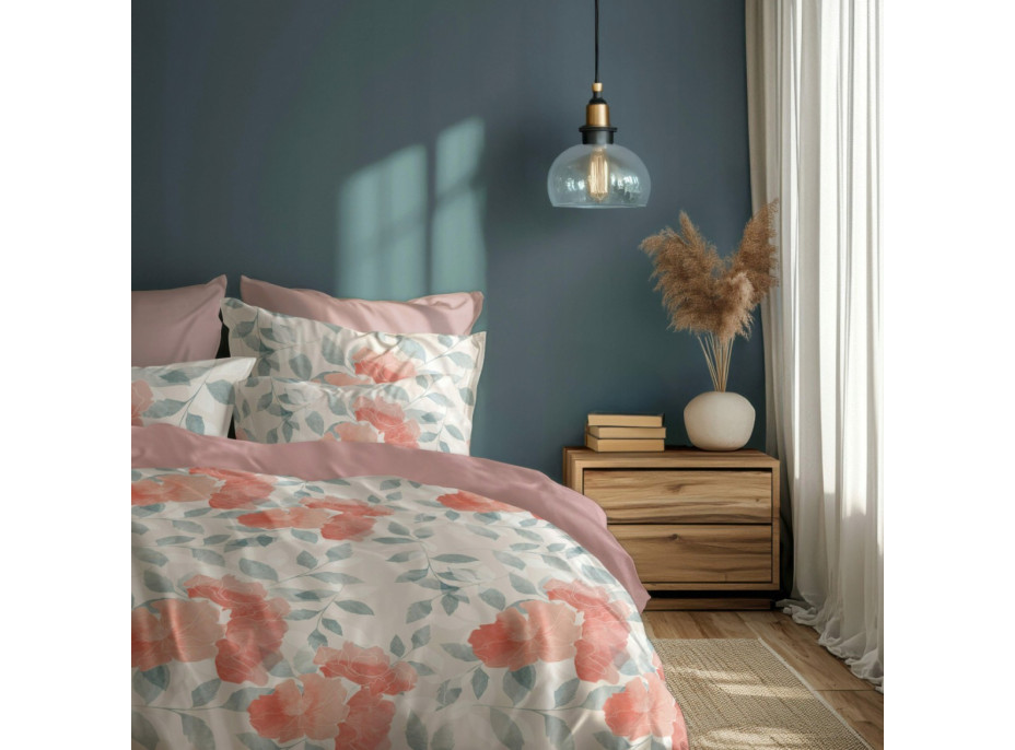 Saténové obliečky MILAGRO VERDE Ružové kvety - biele / ružové - 140x200 cm