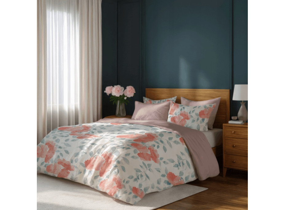 Saténové obliečky MILAGRO VERDE Ružové kvety - biele / ružové - 160x200 cm