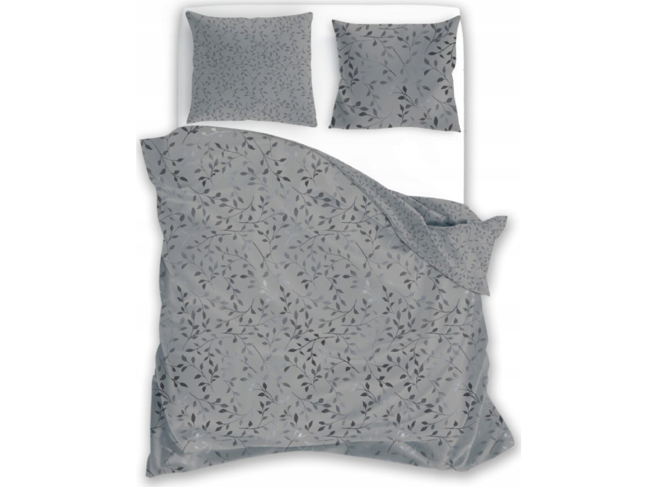 Saténové obliečky MILAGRO VERDE Šedé lístky - šedé - 220x200 cm