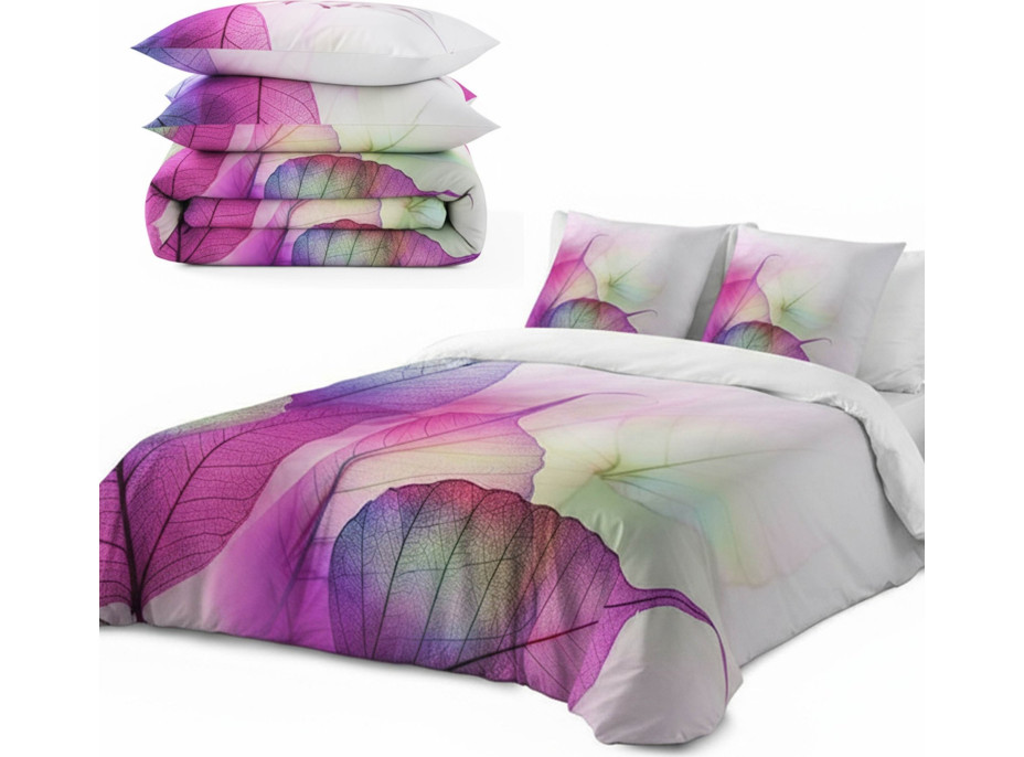 Posteľné obliečky z bavlneného saténu FAREBNÉ LISTY - šedé / biele - 160x200 cm