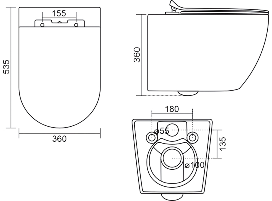 Aqualine CARLO závesná WC misa, Vortex Rimless, 36x53cm, biela PRX.101.851