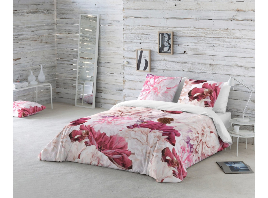 Posteľné obliečky z bavlneného saténu INTENSE FLOWER - ružové / biele - 160x200 cm