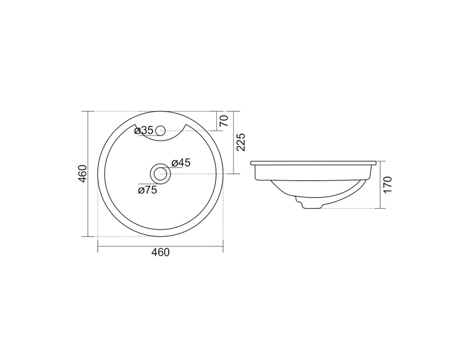 Aqualine SHIPRA keramické umývadlo zápustné, priemer 46cm, biela NP564