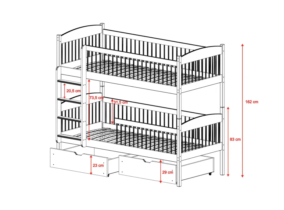 Detská poschodová posteľ z masívu so šuplíkmi ILONA - 200x90 cm - BIELA