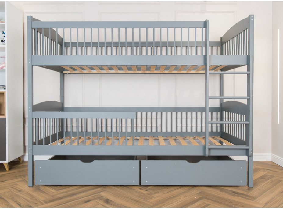 Detská poschodová posteľ z masívu so šuplíkmi ILONA - 200x90 cm - ŠEDÁ