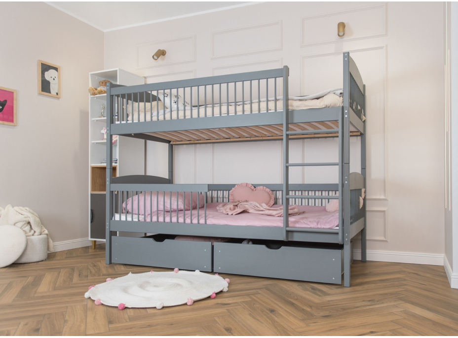 Detská poschodová posteľ z masívu so šuplíkmi ILONA - 200x90 cm - ŠEDÁ