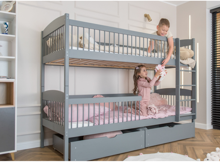 Detská poschodová posteľ z masívu so šuplíkmi ILONA - 200x90 cm - ŠEDÁ