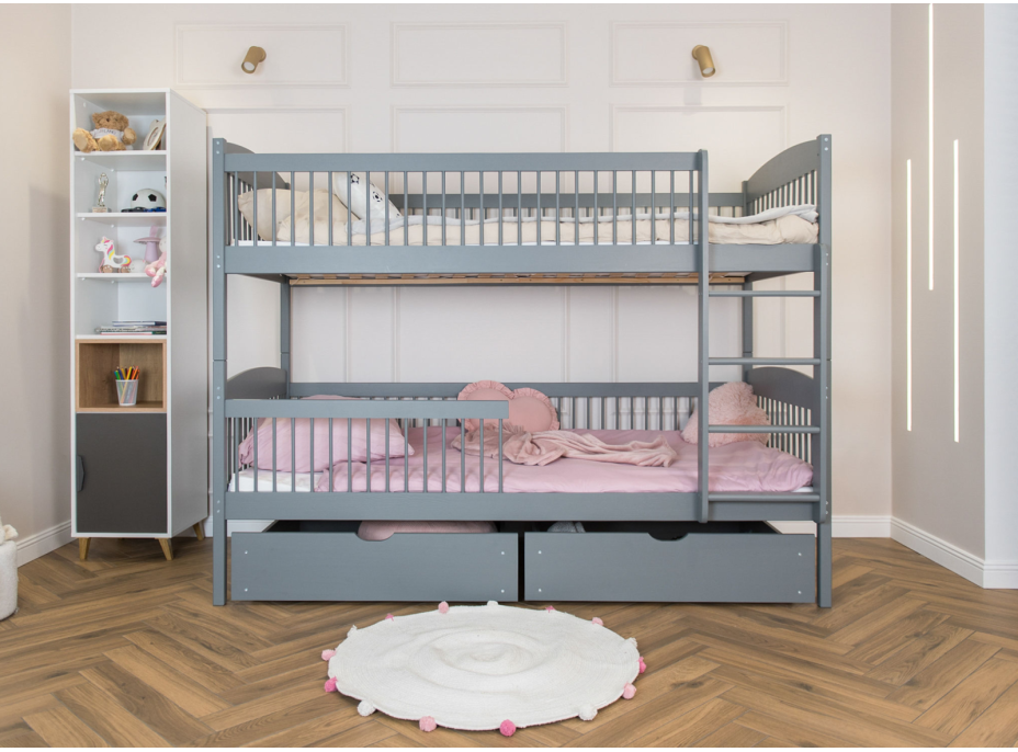 Detská poschodová posteľ z masívu so šuplíkmi ILONA - 200x90 cm - ŠEDÁ