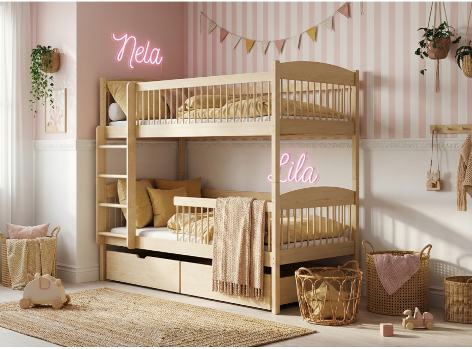 Detská poschodová posteľ z masívu so šuplíkmi ILONA - 200x90 cm - PRÍRODNÁ BOROVICA