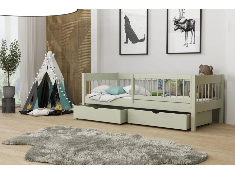 Detská posteľ z masívu borovice LUNARI so šuplíkmi - 200x90 cm - OLIVOVO ZELENÁ