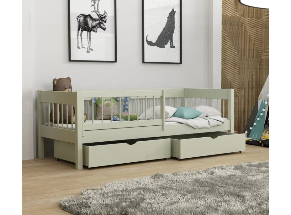 Detská posteľ z masívu borovice LUNARI so šuplíkmi - 200x90 cm - OLIVOVO ZELENÁ