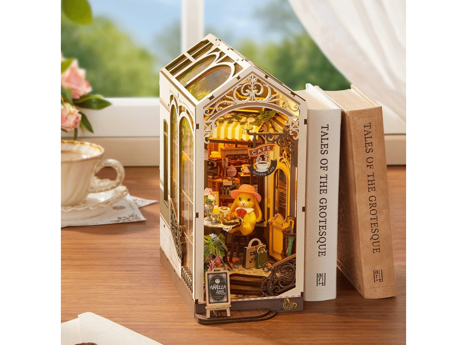 RoboTime 3D skladačka Zarážka na knihy Miniatúra domčeka Prázdninová kaviareň