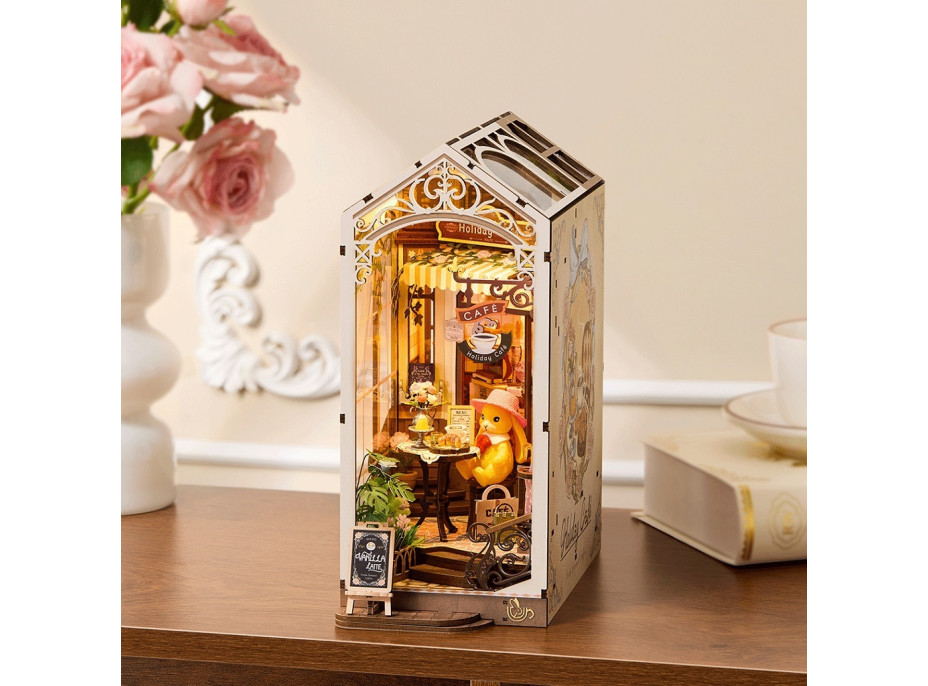 RoboTime 3D skladačka Zarážka na knihy Miniatúra domčeka Prázdninová kaviareň