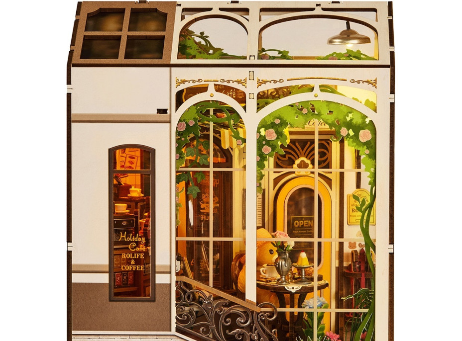 RoboTime 3D skladačka Zarážka na knihy Miniatúra domčeka Prázdninová kaviareň
