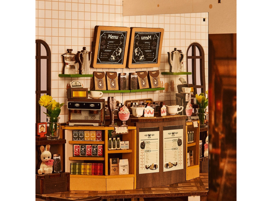 RoboTime 3D skladačka Zarážka na knihy Miniatúra domčeka Prázdninová kaviareň