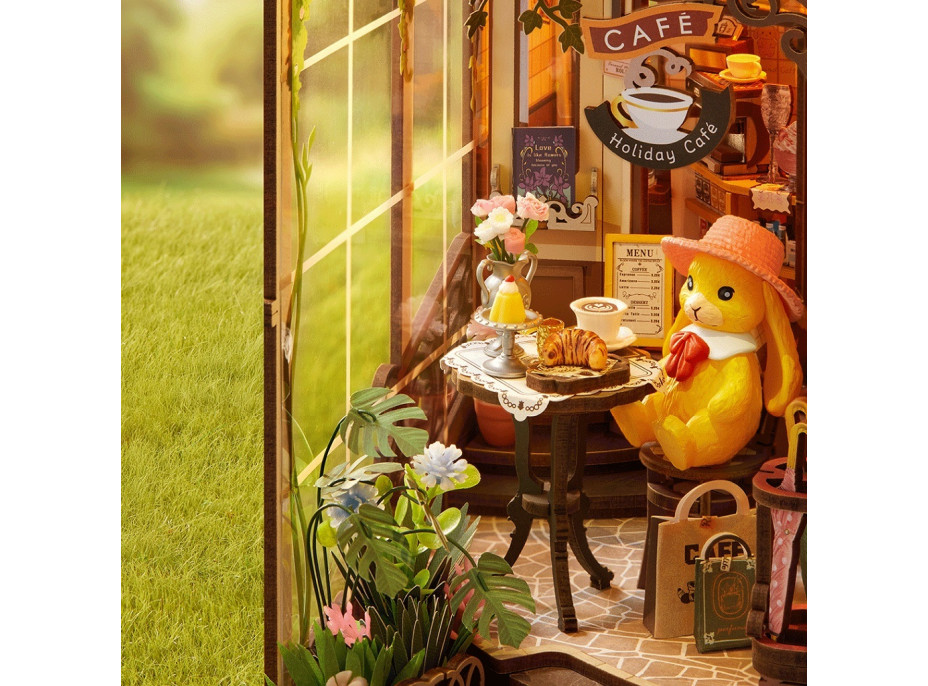 RoboTime 3D skladačka Zarážka na knihy Miniatúra domčeka Prázdninová kaviareň