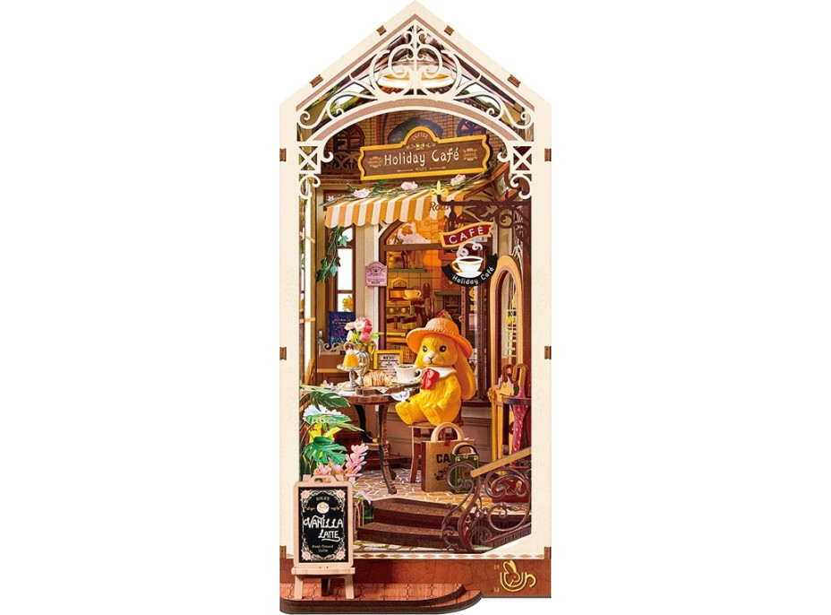 RoboTime 3D skladačka Zarážka na knihy Miniatúra domčeka Prázdninová kaviareň