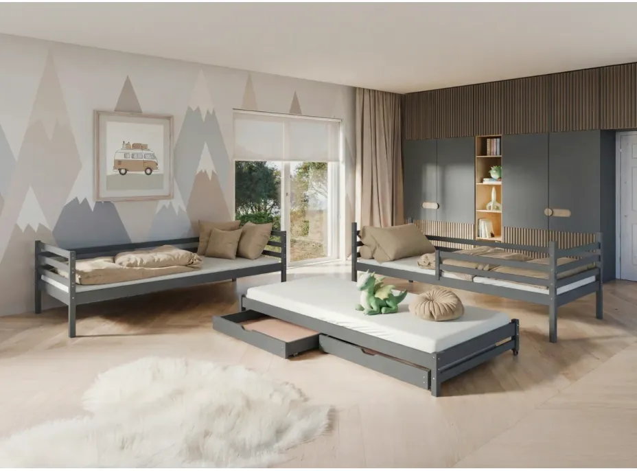 Detská poschodová posteľ z masívu borovice LUKÁŠ s prístelkou a šuplíkmi - 200x90 cm - GRAFITOVÁ