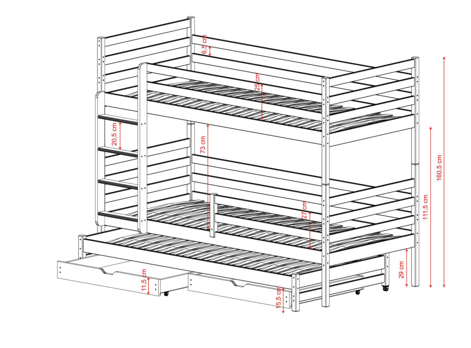 Detská poschodová posteľ z masívu borovice LUKÁŠ s prístelkou a šuplíkmi - 200x90 cm - GRAFITOVÁ