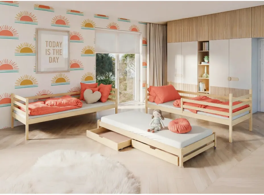 Detská poschodová posteľ z masívu borovice LUKÁŠ s prístelkou a šuplíkmi - 200x90 cm - PRÍRODNÁ BOROVICA