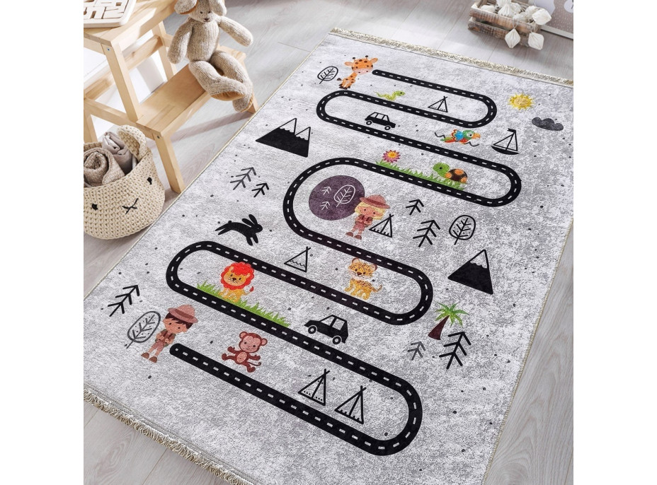 Detský kusový koberec HONOR New - Putovanie za zvieratkami - šedý