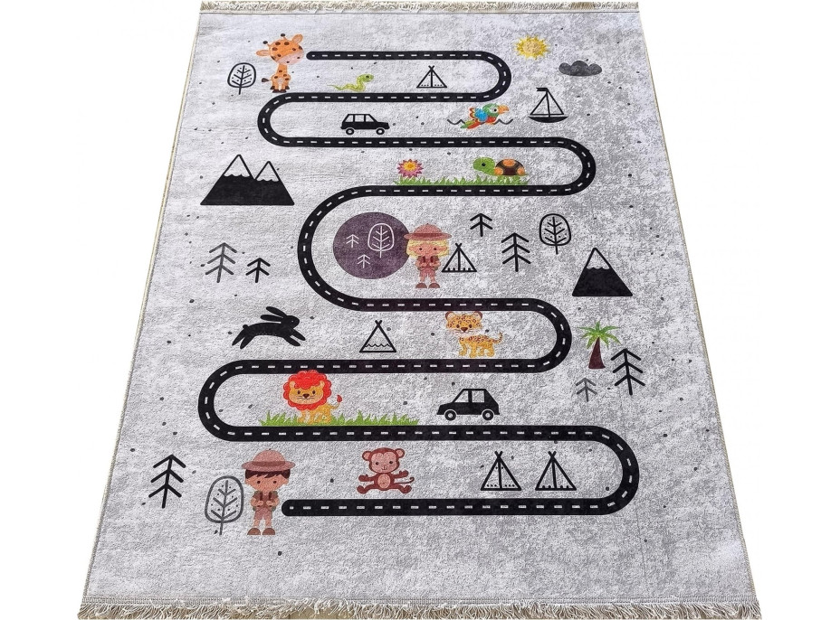 Detský kusový koberec HONOR New - Putovanie za zvieratkami - šedý