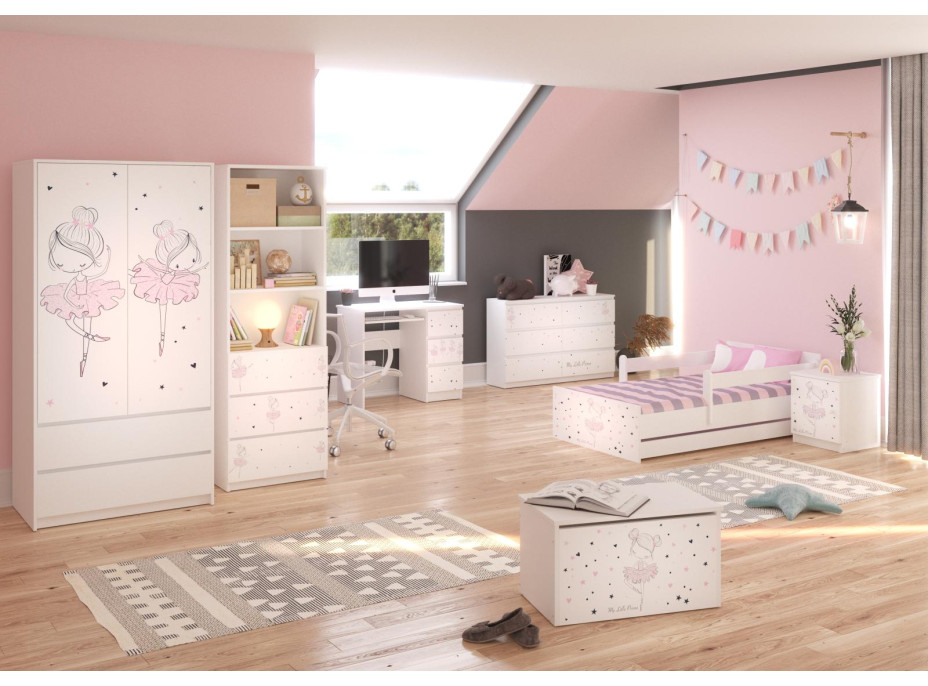 Detská posteľ MAX 160x80 cm RUŽOVÁ BALETKA - biela, so šuplíkom, 1x dlhá + 1x krátka zábrana