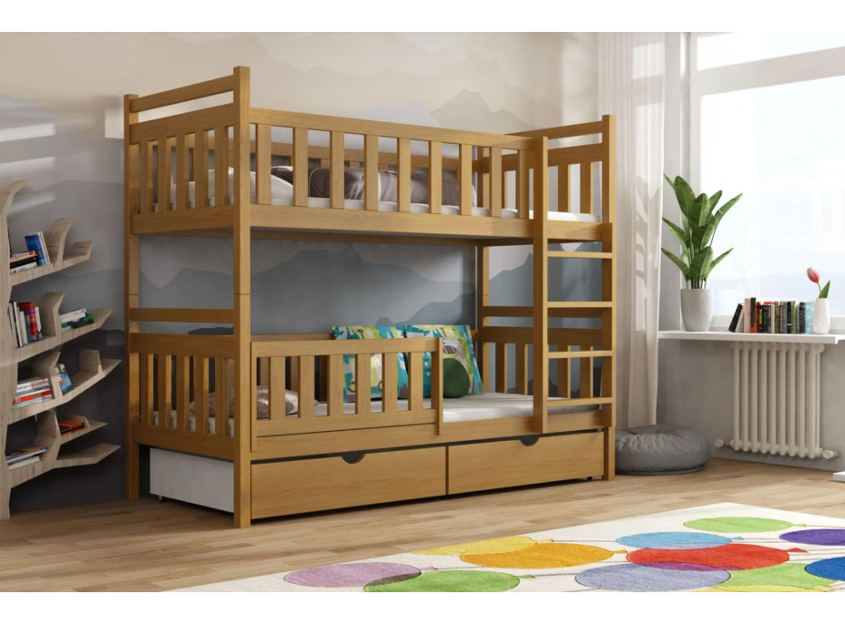 Detská poschodová posteľ z masívu borovice KAREL so šuplíkmi - 200x90 cm