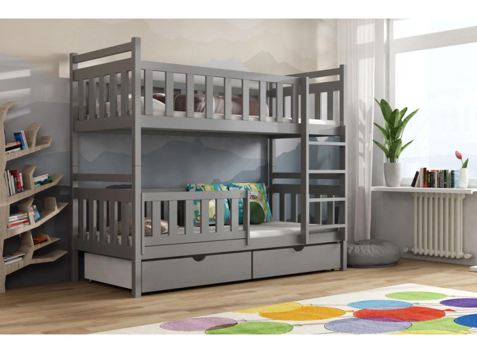 Detská poschodová posteľ z masívu borovice KAREL so šuplíkmi - 200x90 cm