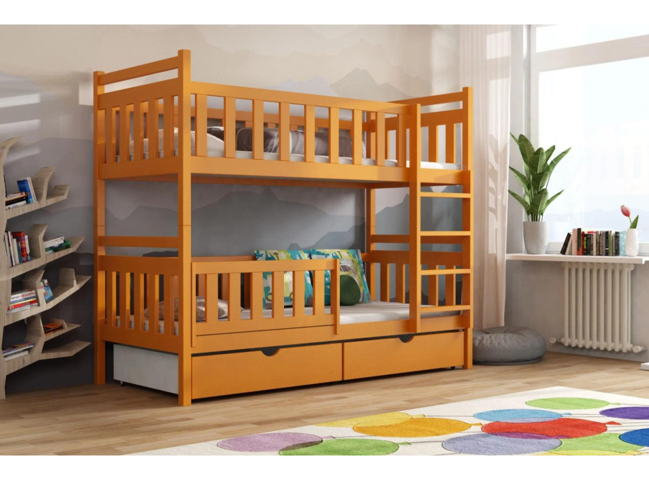 Detská poschodová posteľ z masívu borovice KAREL so šuplíkmi - 200x90 cm