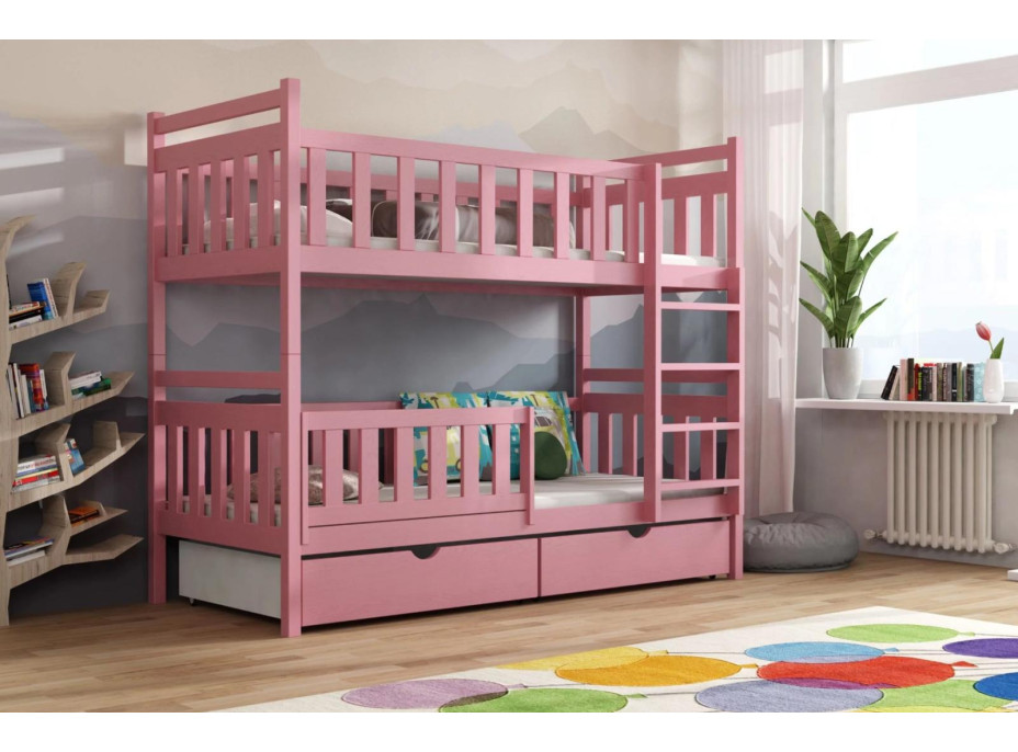 Detská poschodová posteľ z masívu borovice KAREL so šuplíkmi - 200x90 cm