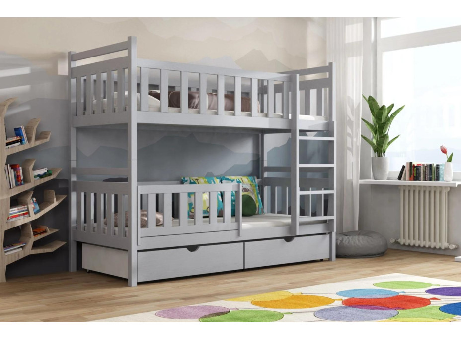 Detská poschodová posteľ z masívu borovice KAREL so šuplíkmi - 200x90 cm - ŠEDÁ