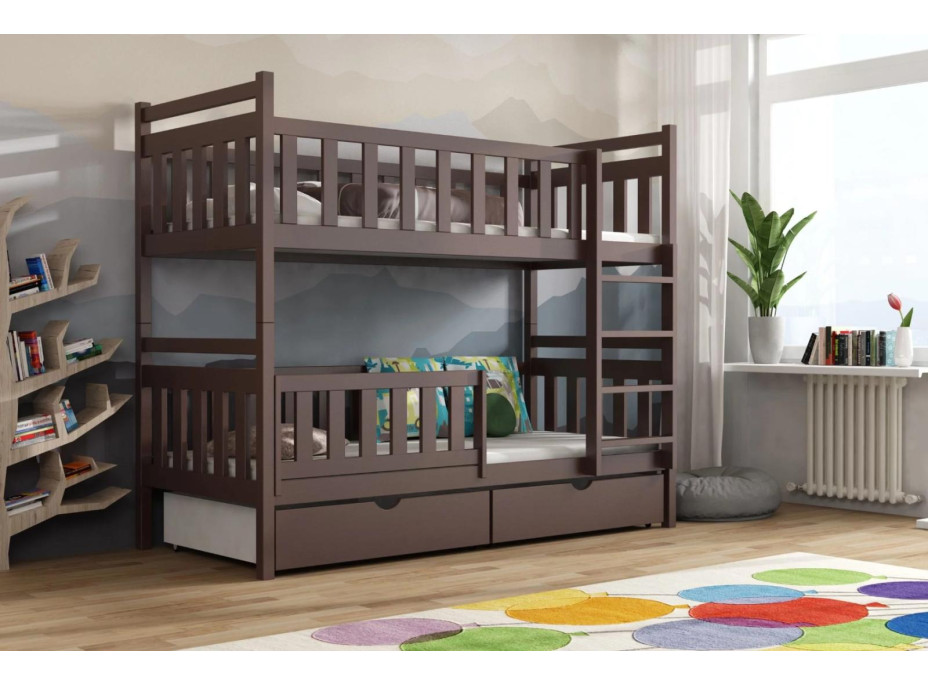 Detská poschodová posteľ z masívu borovice KAREL so šuplíkmi - 200x90 cm