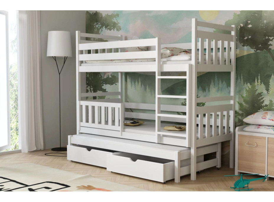 Detská poschodová posteľ z masívu borovice PETR s prístelkou a šuplíky - 200x90 cm