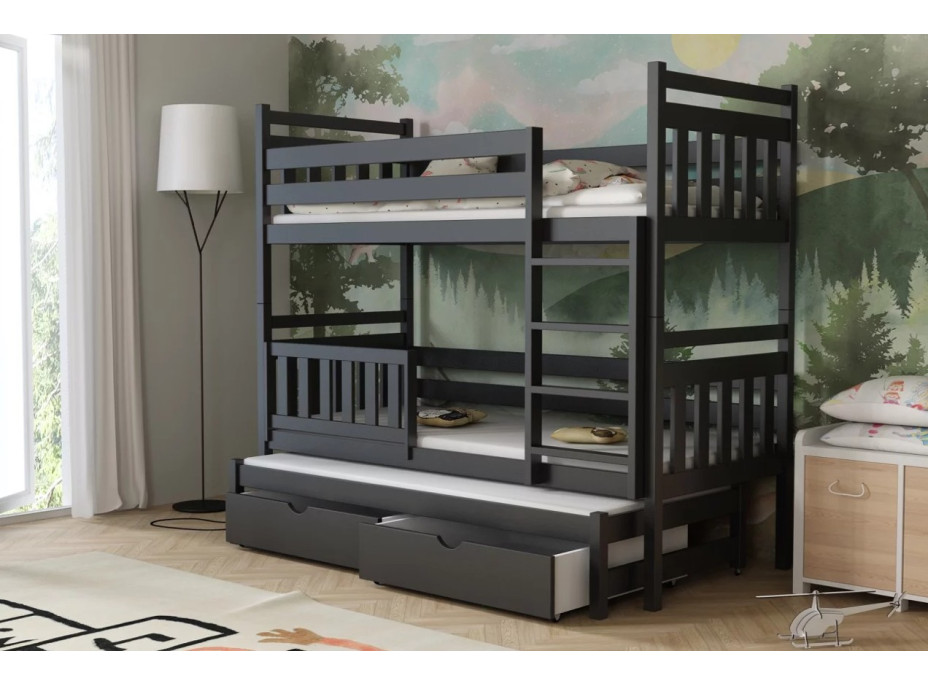 Detská poschodová posteľ z masívu borovice PETR s prístelkou a šuplíky - 200x90 cm