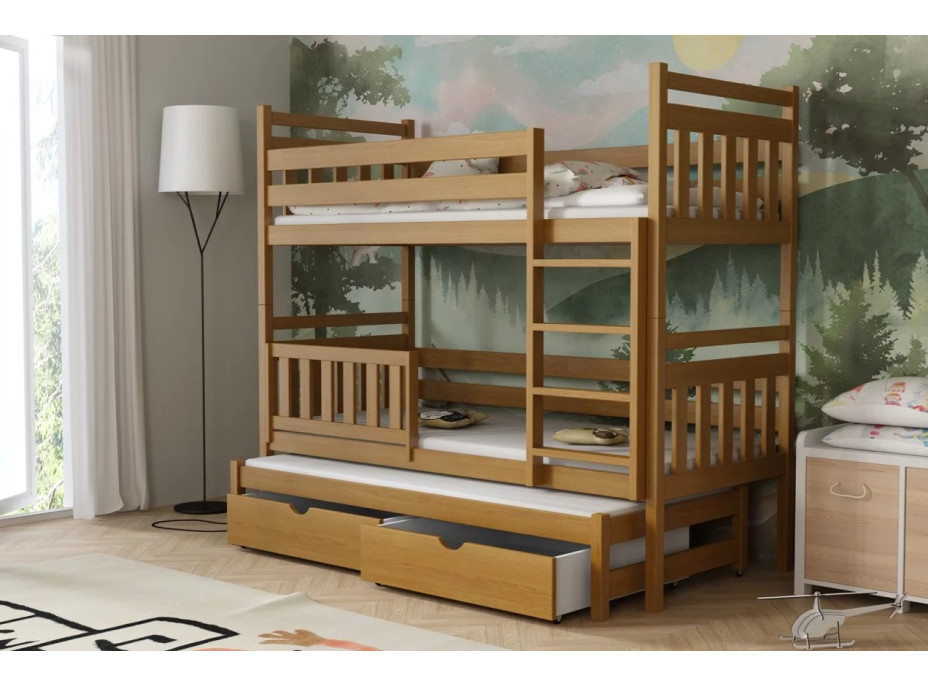 Detská poschodová posteľ z masívu borovice PETR s prístelkou a šuplíky - 200x90 cm