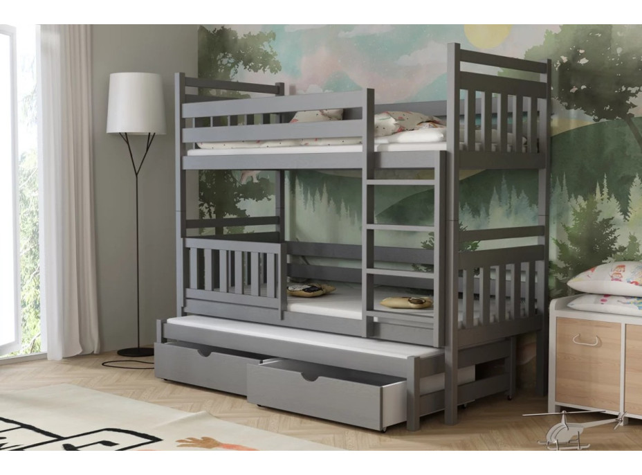 Detská poschodová posteľ z masívu borovice PETR s prístelkou a šuplíky - 200x90 cm