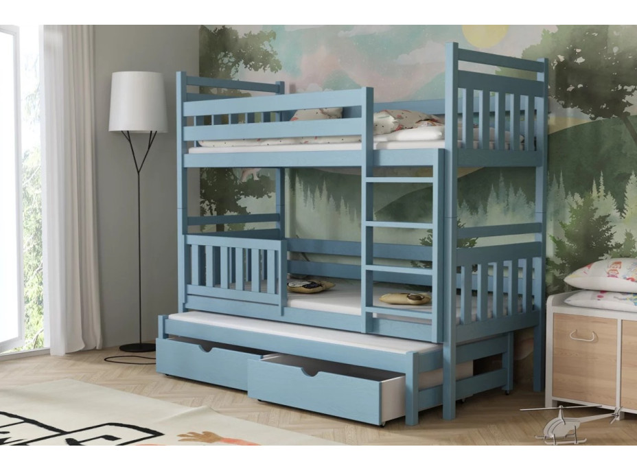 Detská poschodová posteľ z masívu borovice PETR s prístelkou a šuplíky - 200x90 cm